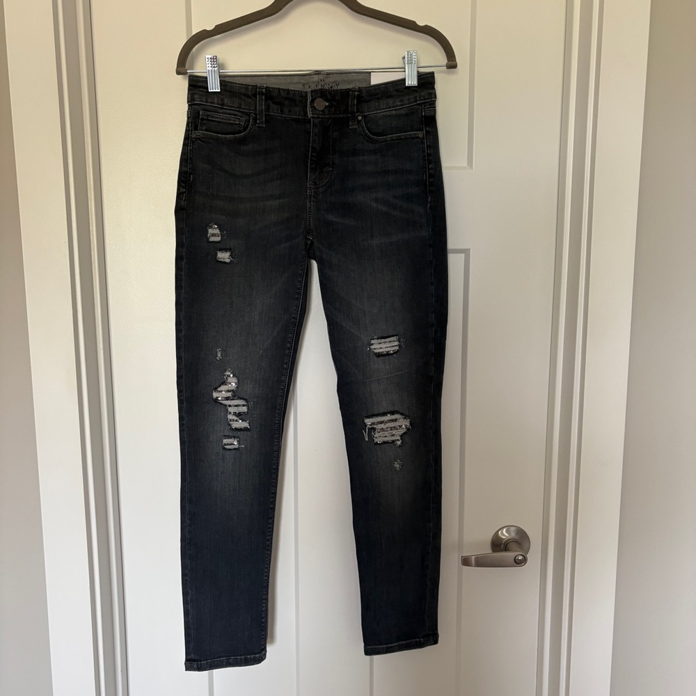 WHBM White House Black Market Distressed Sequin Skinny Dark Wash Jeans 0S Zero 0